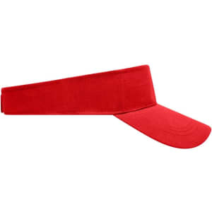 A red sun visor with a wide brim and adjustable strap. It features a logo on the side.