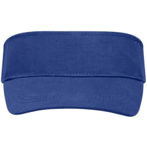 A blue sunvisor with a wide brim and adjustable band, featuring a logo on the front.
