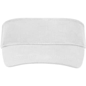 A white sun visor featuring a wide brim and an adjustable band, with a logo on the side.
