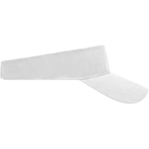A white sun visor with a wide band and a curved peak, featuring a logo on the front.