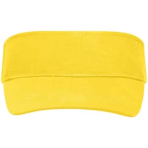 A yellow sunvisor with a wide brim and an adjustable band, featuring a logo on the side.