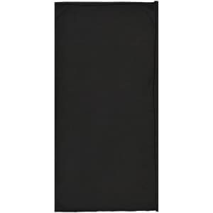 A black bandanna made of cotton, featuring a logo, suitable for headwear.