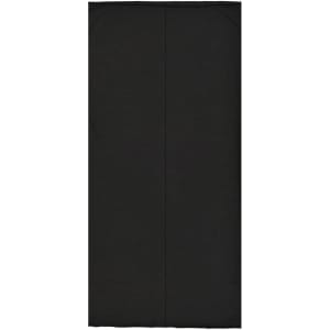 A black bandanna is displayed, featuring a simple design and a logo. Suitable for headwear.