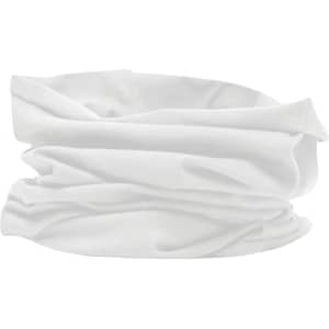 A white bandanna made of cotton, featuring a soft, stretchy design and a logo.