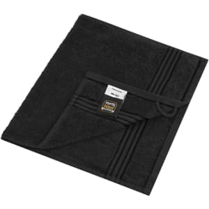 A black guest towel with a textured design and a small logo. The towel features a hanging loop for easy storage.