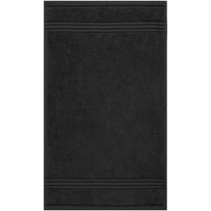 A black hand towel featuring textured stripes and a branding logo. Perfect for guest use.