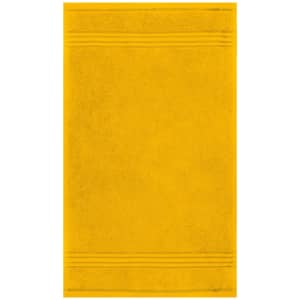 A yellow hand towel featuring textured stripes and a branding logo. Ideal for personal use.
