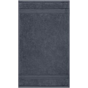 A grey guest towel featuring a textured surface with two decorative stripes. The towel has a branding logo.