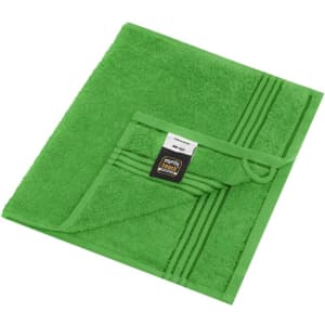 A green guest towel with a textured design and a hanging loop. The towel features a brand logo.