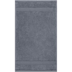 A grey guest towel with subtle striped detailing, suitable for health and personal use. Features a logo.