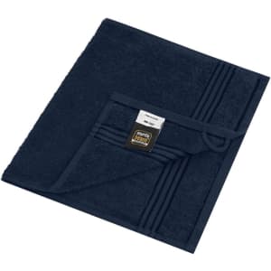 A navy hand towel featuring a textured design and a loop for hanging. The towel has a branding label.