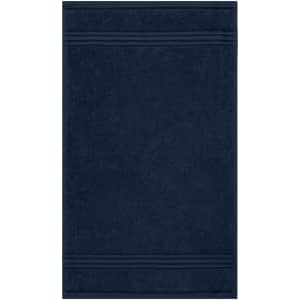 A navy blue guest towel with a textured band detail, featuring a logo at the bottom.