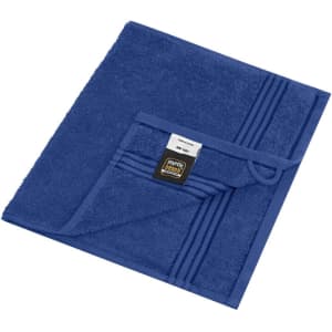 A blue hand towel featuring a textured design and a hanging loop, with a label present.