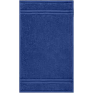 A navy blue guest towel with a textured design and a subtle stripe pattern. Includes a branding logo.