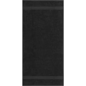 A black hand towel with striped detailing and a logo. It is soft and absorbent, ideal for personal use.
