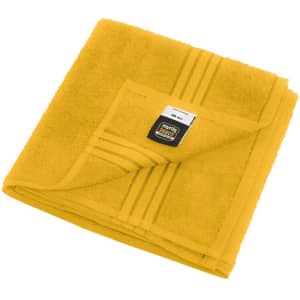 A folded yellow hand towel featuring textured stripes and a corner pocket, with a logo visible.