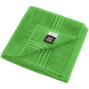 A vibrant green hand towel folded neatly, featuring a loop and striped design. It includes a branded label.
