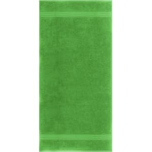 A bright green hand towel featuring two textured stripes. The image includes a logo.