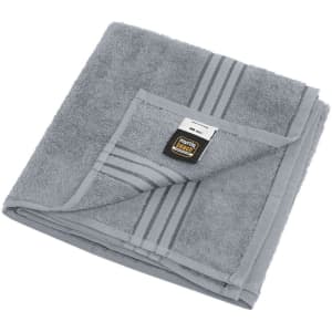 A folded grey hand towel featuring a pocket and striped design, with a logo on the corner.
