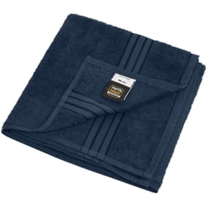 A navy hand towel with a fold and stitched detailing, featuring a branding label.