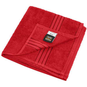 A red hand towel folded neatly, featuring two striped patterns and a label.
