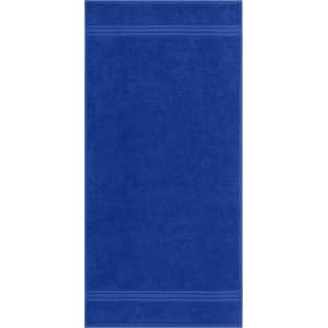 A blue hand towel featuring two horizontal stripes near the top. It includes a logo.