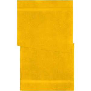 A yellow bath towel featuring subtle striped detailing, folded neatly. It has a branded logo.