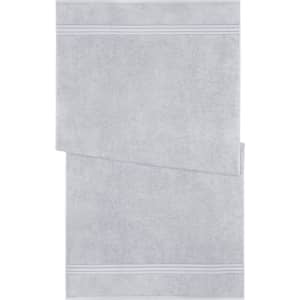 A grey bath towel featuring two subtle stripes, displayed flat with a logo in the corner.
