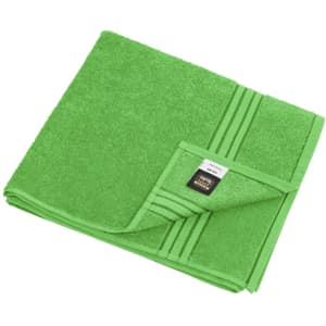 A bright green bath towel featuring a folded corner and a logo. Soft texture with decorative stripes.