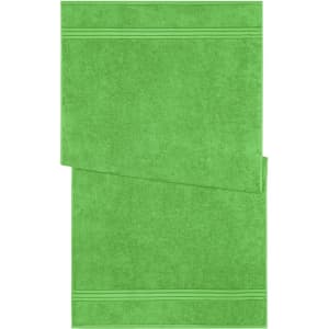 A green bath towel featuring a textured design with two horizontal stripes. It has a branding logo.