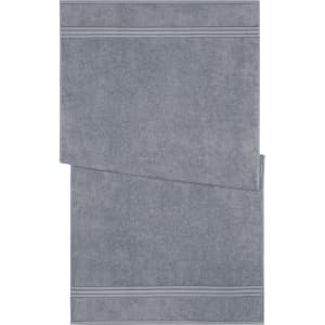 A grey bath towel with a textured design and two decorative stripes. It has a branding logo.