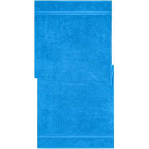 A blue sauna sheet folded, featuring a textured surface and two horizontal stripes. It includes a logo.