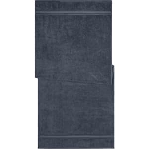 A dark navy sauna sheet with a textured finish and two striped patterns at either end. It features a logo.