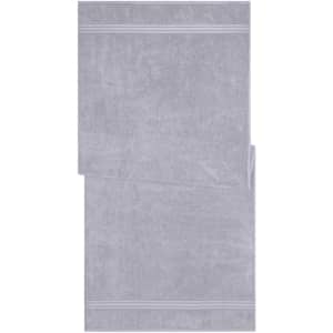 A grey sauna sheet with a soft texture and two decorative stripes across the top.