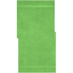 A bright green sauna sheet displayed flat, featuring a textured surface and decorative border. It includes a logo.