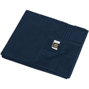A navy blue sauna sheet folded neatly with a folded edge and a small label visible.