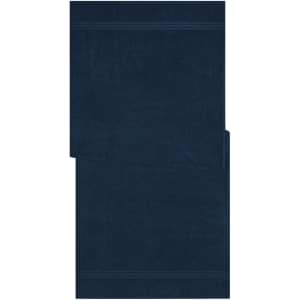 A navy blue sauna sheet featuring a textured design and a folded edge, with a simple branding element.