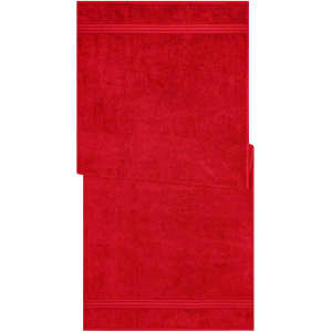 A red sauna sheet with a soft, textured surface and decorative stripes along the edges. It features a branded logo.