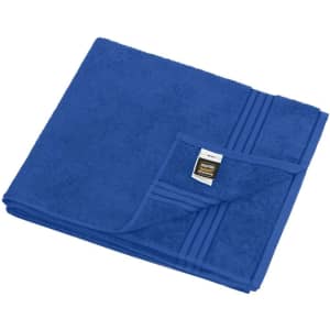 A blue sauna sheet folded neatly with subtle texture and a branded label visible.