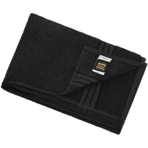 A black bath sheet with a folded corner featuring a logo. The towel has a textured finish and striped detailing.