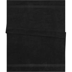A black bath sheet with textured stripes, featuring a logo on one corner of the towel.