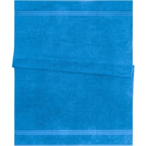 A bright blue bath sheet with textured stripes, folded neatly. It features a branding logo.