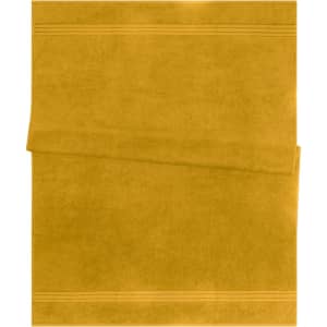 A soft, mustard yellow bath sheet with a smooth texture and two decorative stripes. It features a brand logo.