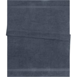 A dark blue bath sheet with a textured design and subtle lines, featuring a small logo.