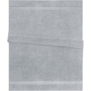 A grey bath sheet with subtle detailing, featuring a soft, absorbent texture. It has a branding logo.