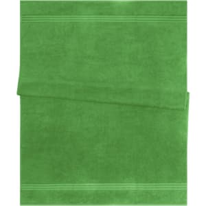 A green bath sheet featuring smooth texture and subtle detailing, folded neatly. It has a logo on it.