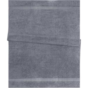 A grey bath sheet with two decorative stripes, featuring a soft, plush texture. It has a branding logo.