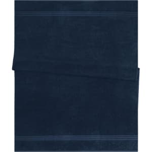 A navy blue bath sheet made of soft fabric, featuring two textured stripes. It has a logo in the corner.