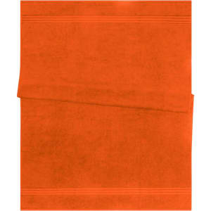 An orange bath sheet made of soft fabric, featuring two stitched stripes. It has a logo on the corner.