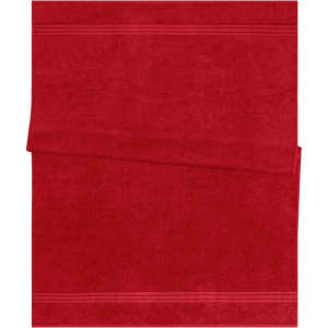 A red bath sheet with a soft texture and decorative stripes. It includes a logo.